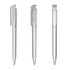 A transparent plastic pen featuring a sleek design, shown from multiple angles. It has a clip and a shiny tip.