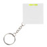 A white tape measure with a keyring and a small level attached to it.
