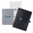 A set of three spiral-bound notebooks in grey, white, and black, each featuring a logo on the front cover.
