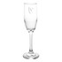 A clear glass champagne flute with a slender stem and a logo on the surface.