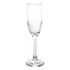 A clear glass champagne flute with a tall stem and a wide base, designed for serving sparkling beverages.
