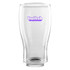 A clear glass beer glass with a curved shape and a purple logo printed on the front.