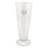A clear, tall beer glass with a smooth finish and a decorative logo.