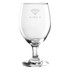 A clear glass wine glass with a smooth bowl and a sturdy stem, featuring an etched logo.