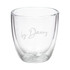 A double wall glass featuring a clear design with a subtle branding logo. Holds 340ml of liquid.
