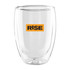 A double wall glass in clear colour with a logo featuring the word "RISE" in orange.