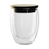 A double wall glass cup with a wooden lid, featuring a clear design and smooth finish.
