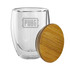 A double wall glass cup in clear glass with a bamboo lid, featuring a logo.