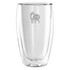 A double wall glass with a sleek, clear design, featuring a logo, ideal for beverages.