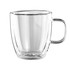 A double wall glass cup in clear glass with a curved shape and a handle, featuring a minimalist design.