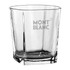 A glass tumbler with a clear design and a square shape, featuring a logo on one side.