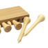 A set of bamboo golf tees in various sizes, displayed alongside a bamboo storage box. Natural colours are featured.