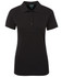 A black ladies' polo shirt with a collar, short sleeves, and a buttoned placket. Features a logo.