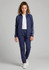 A navy blue track jacket featuring white stripes, paired with matching navy pants and a white top. The model is wearing white shoes.