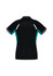 A black women's polo shirt with teal accents and reflective details. It features a logo on the back.