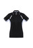 A black women's polo shirt with grey accents and a logo on the front. Features short sleeves and a classic collar.
