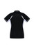 A black women's short sleeve polo with white and grey accents and a logo on the back.