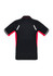 A black and red men's short sleeve polo shirt featuring a logo and reflective details on the back.