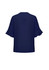A navy blue women's blouse with fluted sleeves and a simple back design. Features a branding logo.