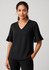 A black fluted sleeve blouse with a V-neckline, featuring a relaxed fit and a subtle sheen.