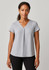 A light grey V-neck blouse with short sleeves and a pleat detail, featuring a smooth fabric and a relaxed fit.