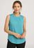 A sleeveless turquoise blouse with pleat detail, modelled by a woman against a neutral background.