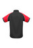 A short sleeve button-up shirt featuring black fabric with red sleeves and white accents. Includes a logo.