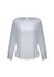 A women's boatneck top in light grey, featuring long sleeves and a slightly curved hem. It has a logo on it.