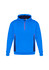 A blue hoodie with a half-zip and contrasting black and red side panels. It features a hood and a logo.