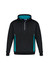 A unisex hoodie in black with teal accents and a front zip. It features a hood and a logo on the label.