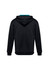 A black hoodie featuring a teal lining, designed for kids, with a logo on the back.