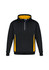 A unisex hoodie featuring a black exterior with yellow side accents and a zippered neck. Includes a logo.