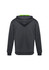 A dark grey kids' hoodie with a green interior hood and a logo. Suitable for casual wear.