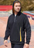 A black unisex hoodie with a yellow side panel and a drawstring hood, featuring a branded logo.