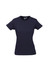 A women's short sleeve tee in navy blue with a fitted design and a logo on the front.