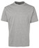 A grey T-shirt featuring a round neck and short sleeves, with a logo on the neckline.