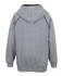 A grey hoodie with a contrasting black lining and hood, featuring a logo on the back.