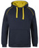 A navy blue hoodie with yellow contrast details and a front pocket. It features a hood and a logo.