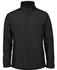 A black soft shell jacket featuring a front zipper and side pockets, with a branding logo.