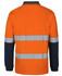 An orange long-sleeve polo shirt featuring navy blue sleeves and reflective stripes. It has a logo on the front.