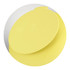A yellow silicone bowl lid featuring icons indicating it is dishwasher and microwave safe. It has a smooth surface and rounded shape.