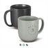 Two ceramic mugs in black and light grey, each with a handle and a logo on the front.