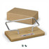 A bamboo business card stand with a silver metal holder, packaged in a plain cardboard box.