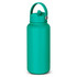 A drink bottle in a vibrant teal colour with a secure lid and a carry handle. It features a branding logo.