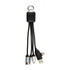 A black charging cable with multiple connectors, attached to a keyring for convenience.