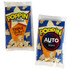 Microwave popcorn pack featuring a blue and yellow design with white popcorn shapes. It has a logo and mentions triple butter flavour.