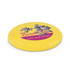 A yellow frisbee featuring floral designs and a logo, designed for fun and games.