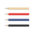 A collection of three grey-lead pencils in red, blue, and black, with a natural wooden pencil on top.