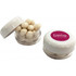 Small transparent screw cap jar containing white mints, with a lid featuring a logo.