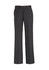 Grey women's adjustable waist slacks with a straight leg style, featuring pockets and a button closure.